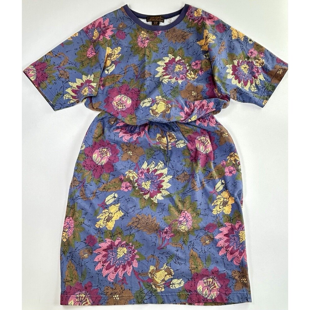 Vintage Eddie Bauer Floral Shirt Dress Pockets 90s 100% Cotton Purple Pink Sz M
